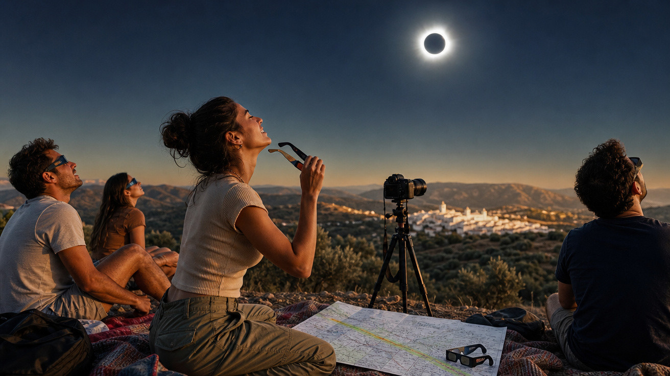 Quatro pessoas observam eclipses solares em local aberto com câmera e mapa sobre manta.