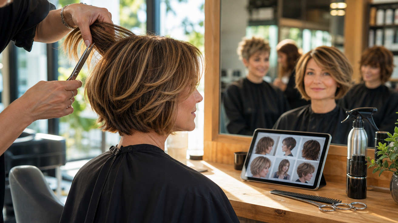Mulher com cabelo curto sendo cortada em salão, olhando para espelho com fotos de cortes no tablet.