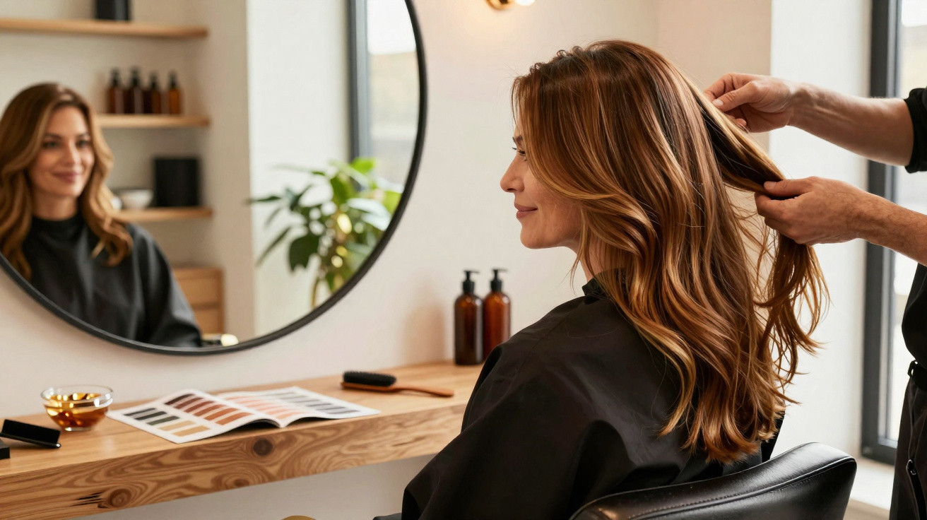 Mulher sorrindo sentada em salão enquanto cabeleireiro examina seu cabelo castanho claro.
