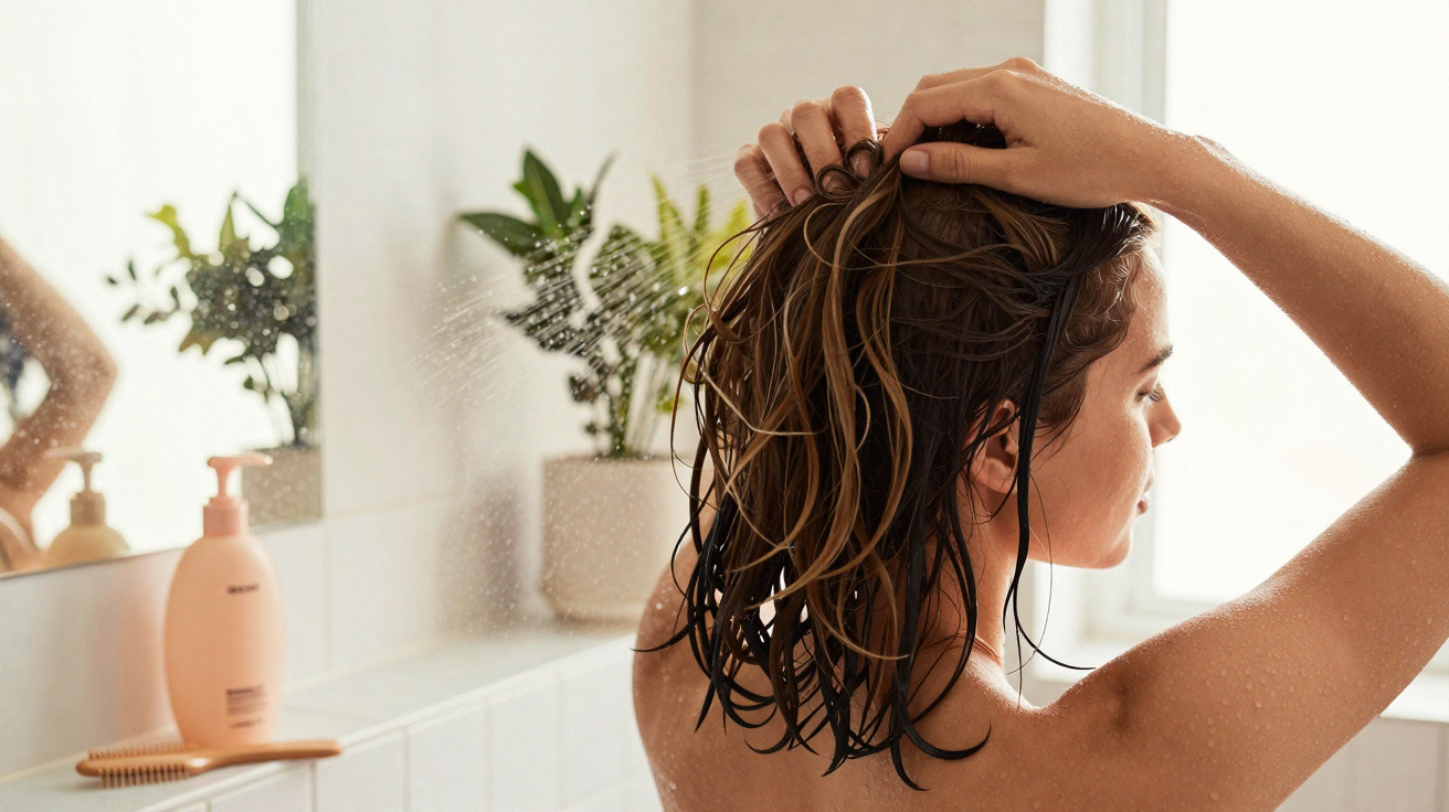 Mulher lavando cabelo com as mãos em banheiro claro com plantas e espelho ao fundo.