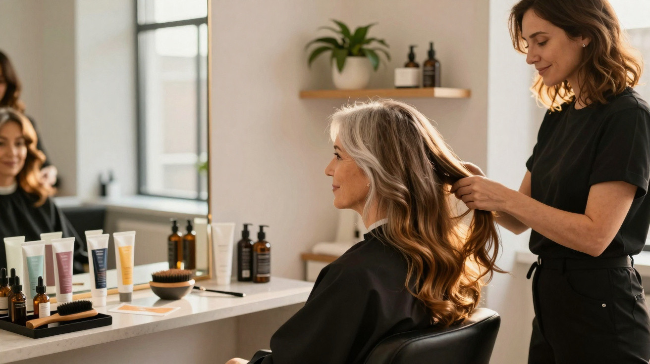 Mulher branca madura recebendo tratamento capilar em salão moderno com profissional ao lado.