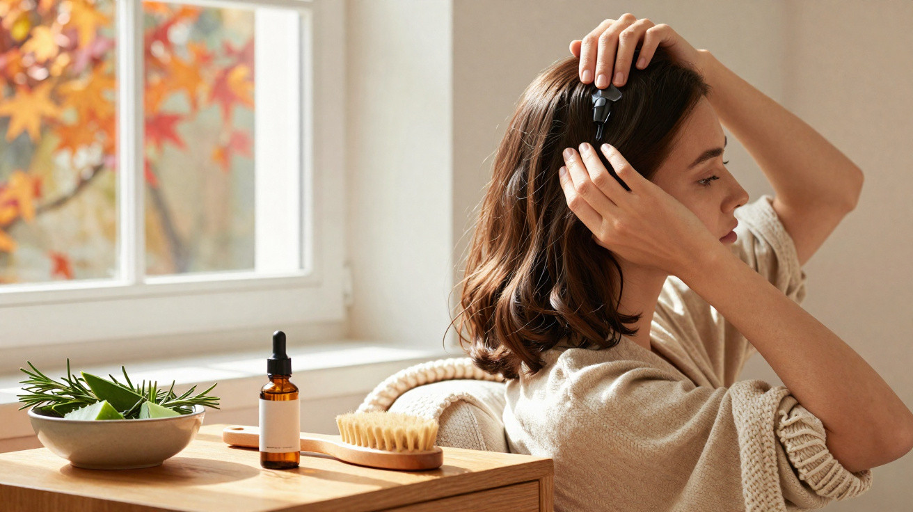 Mulher aplicando óleo capilar com conta-gotas em casa, ao lado de produtos naturais sobre mesa de madeira.