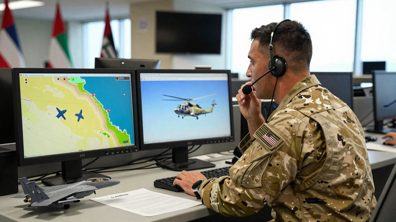 Soldado em uniforme camuflado usando headset monitora mapas e helicóptero em dois monitores no escritório militar.