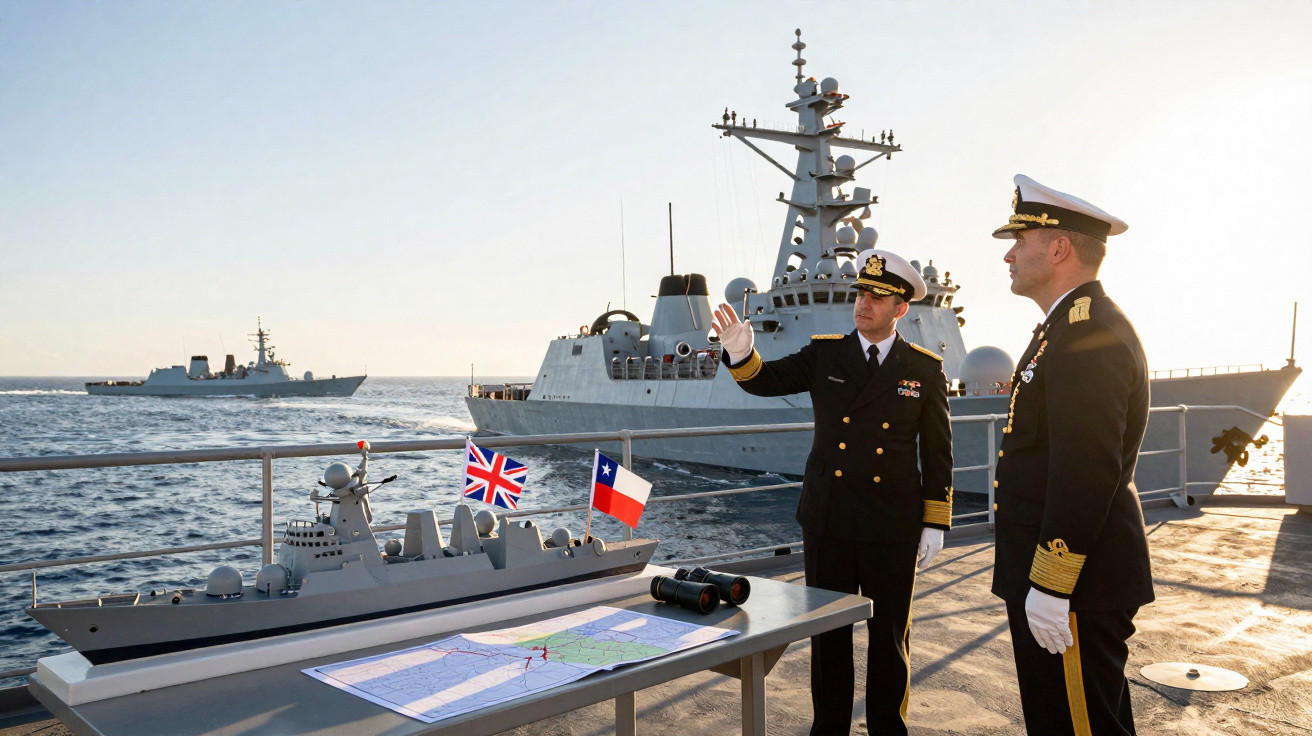 Dois oficiais navais em convoção em navio de guerra com maquete e mapa sobre mesa, mar ao fundo.