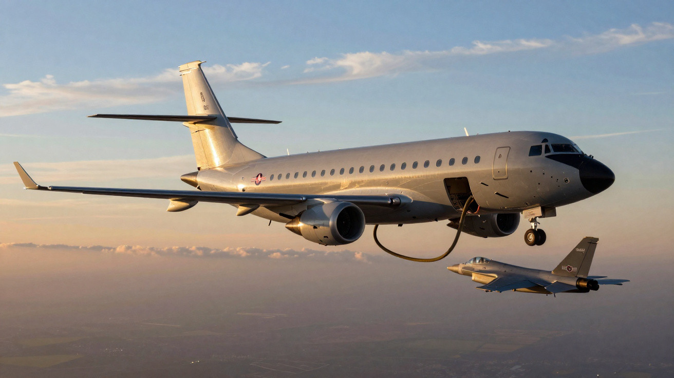Avião de reabastecimento aéreo com mangueira conectada a caça durante voo ao pôr do sol.