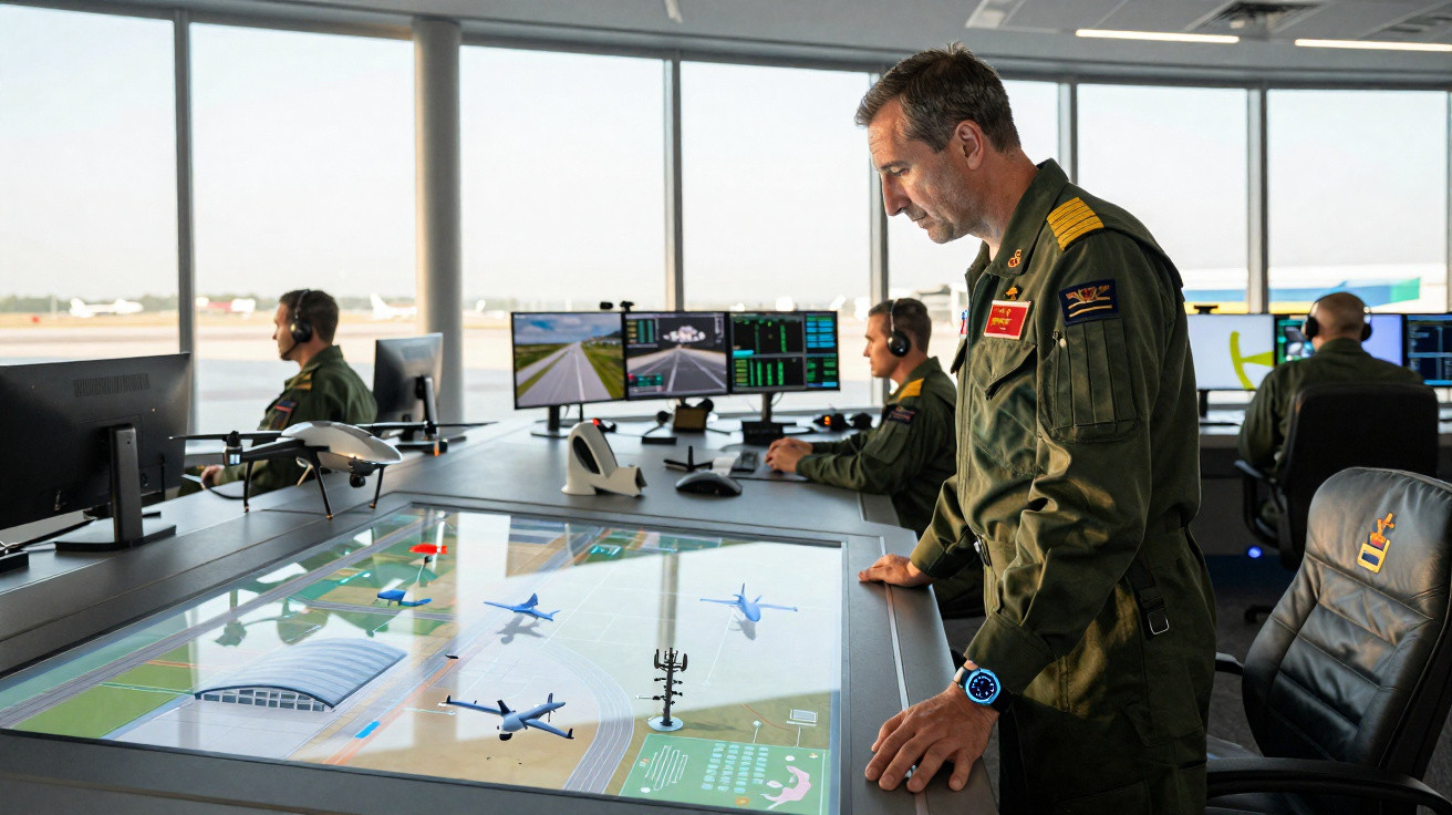 Militares controlando operações aéreas em sala com múltiplas telas e mesa digital interativa.