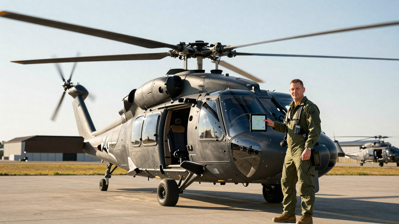 Homem em uniforme verde militar segura tablet ao lado de helicóptero preto estacionado em pista.