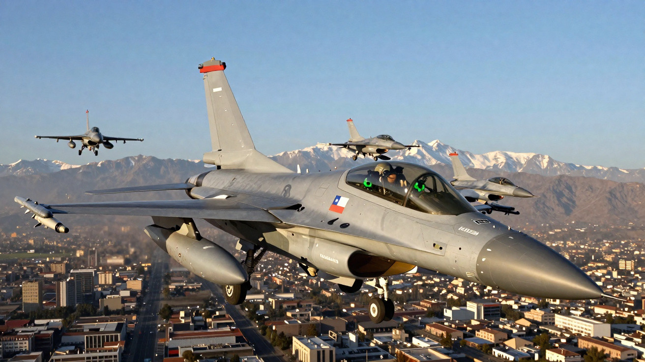Quatro caças F-16 voando sobre cidade com montanhas ao fundo em céu claro.