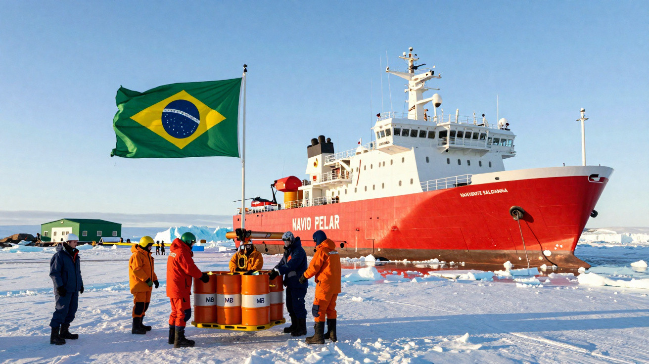Equipe brasileira em trajes de frio extremo na Antártida ao lado do navio de pesquisa Navio Polar e bandeira do Brasil.