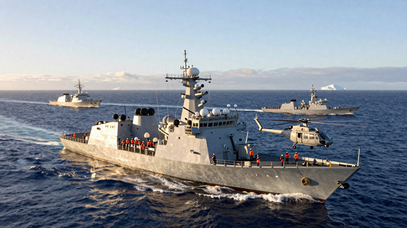 Três navios de guerra cinza no mar com helicóptero pousando no principal e tripulantes de colete laranja à bordo.