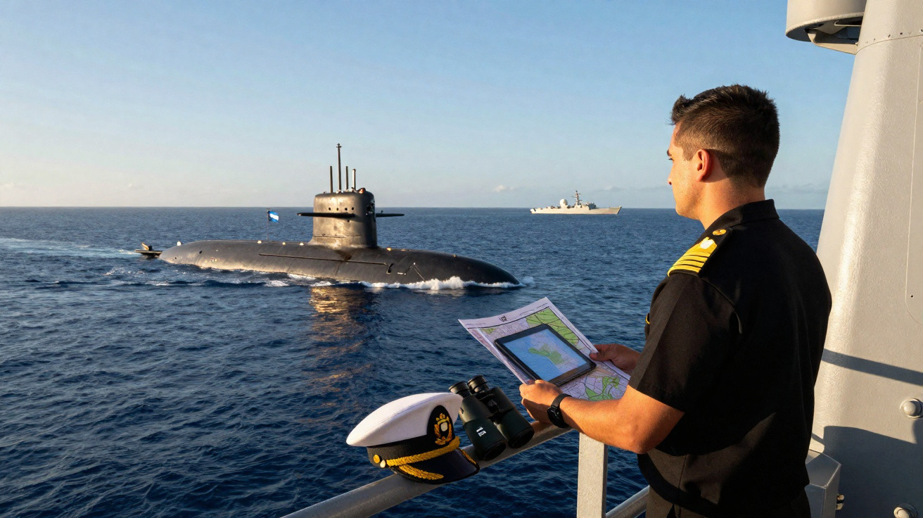 Oficial naval observa submarino e navio de guerra no mar durante o dia com mapas e binóculos.