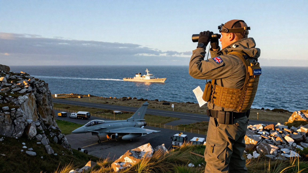 Militar britânico observa o mar com binóculos, próximo a jato militar estacionado e navio no horizonte.