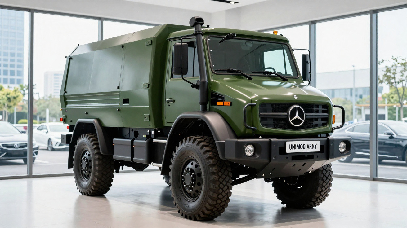 Caminhão militar Mercedes-Benz Unimog Army verde estacionado em ambiente interno com janelas grandes.