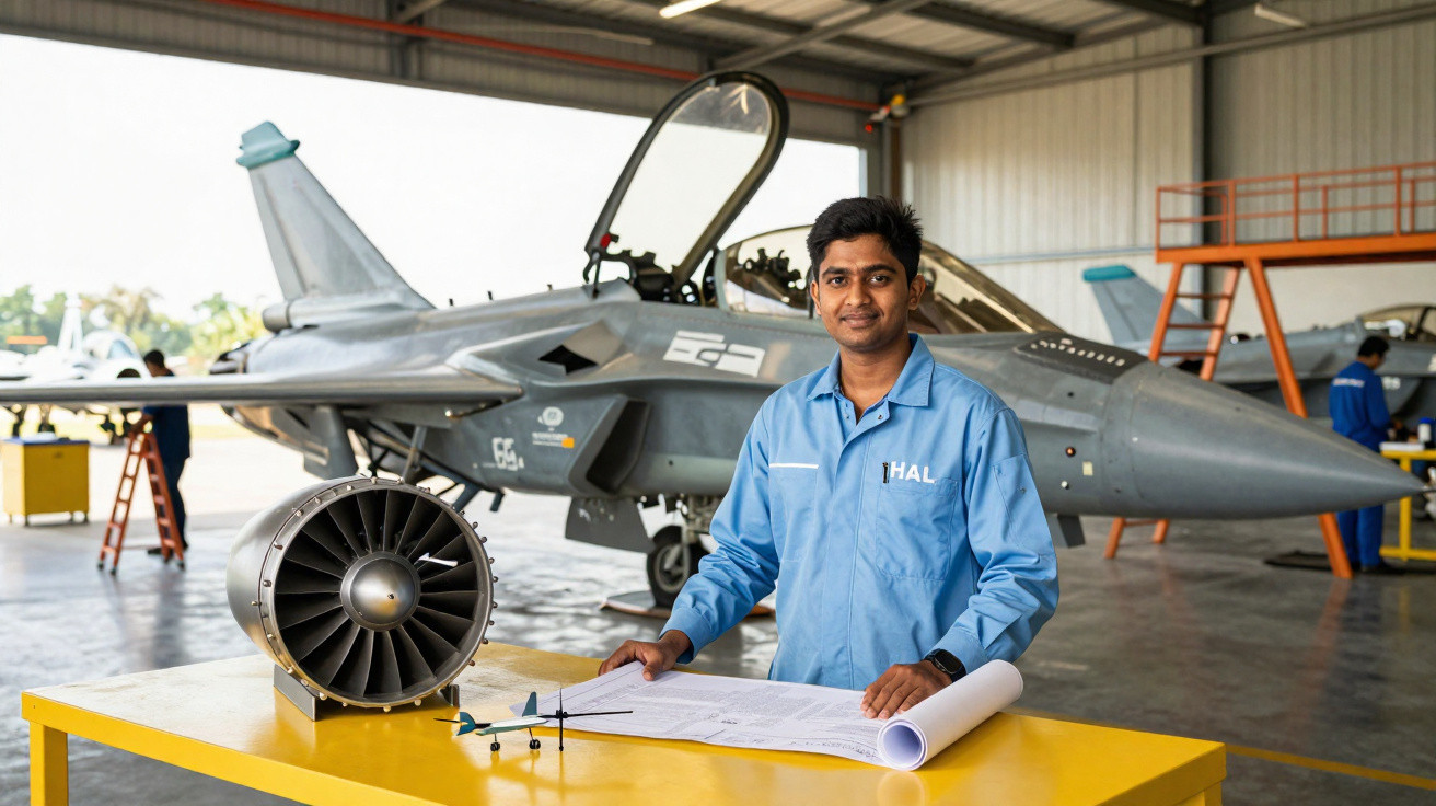 Homem de jaleco azul posa com planta e miniatura de avião em hangar ao lado de caça militar cinza.