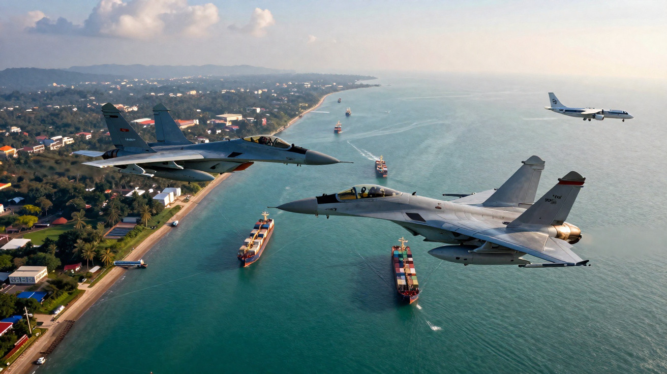 Dois caças militares voando sobre um canal marítimo com navios cargueiros e uma cidade ao lado.