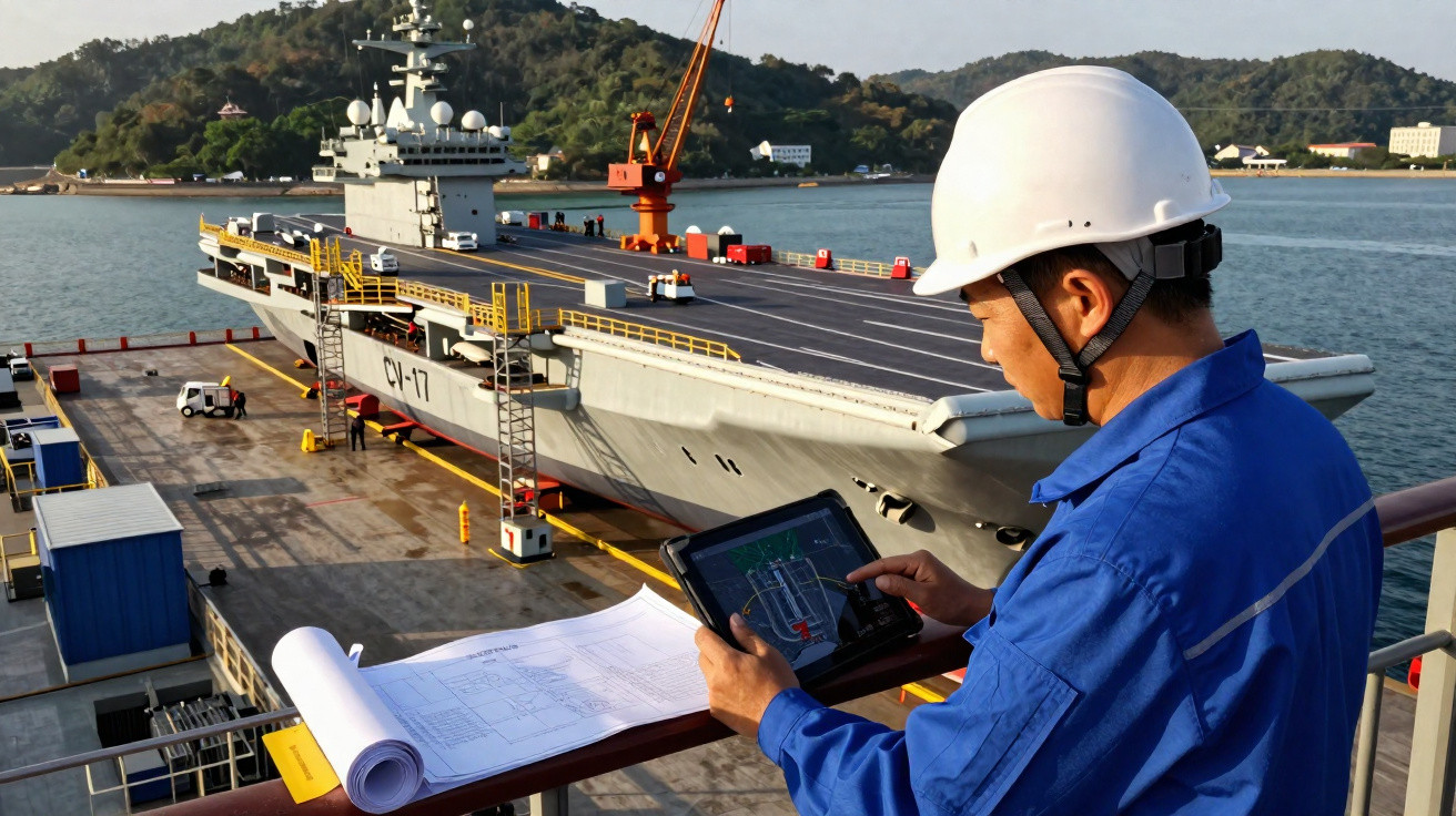 Homem de capacete branco analisando projeto em tablet com porta-aviões e doca ao fundo.