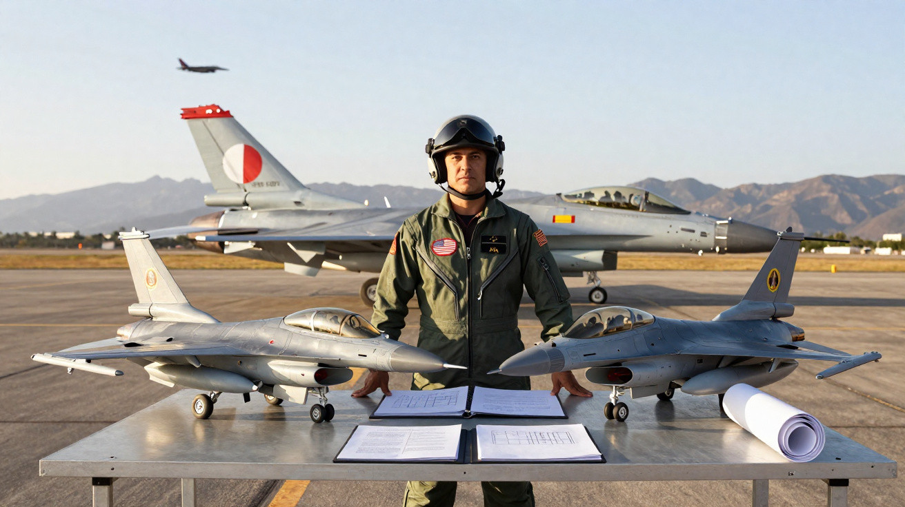 Piloto militar em uniforme ao lado de duas miniaturas de aviões de caça sobre mesa em pista de aeroporto.