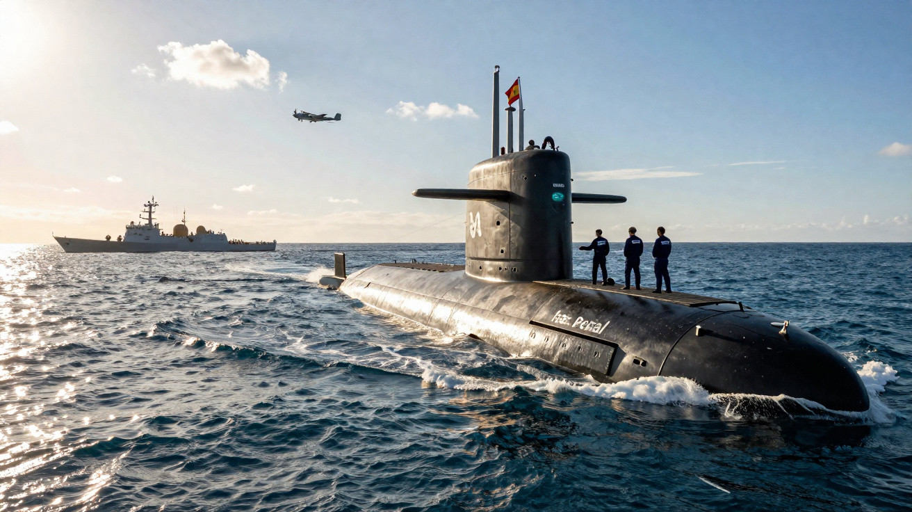 Submarino espanhol com tripulação no convés, navio de guerra e avião ao fundo no mar calmo.