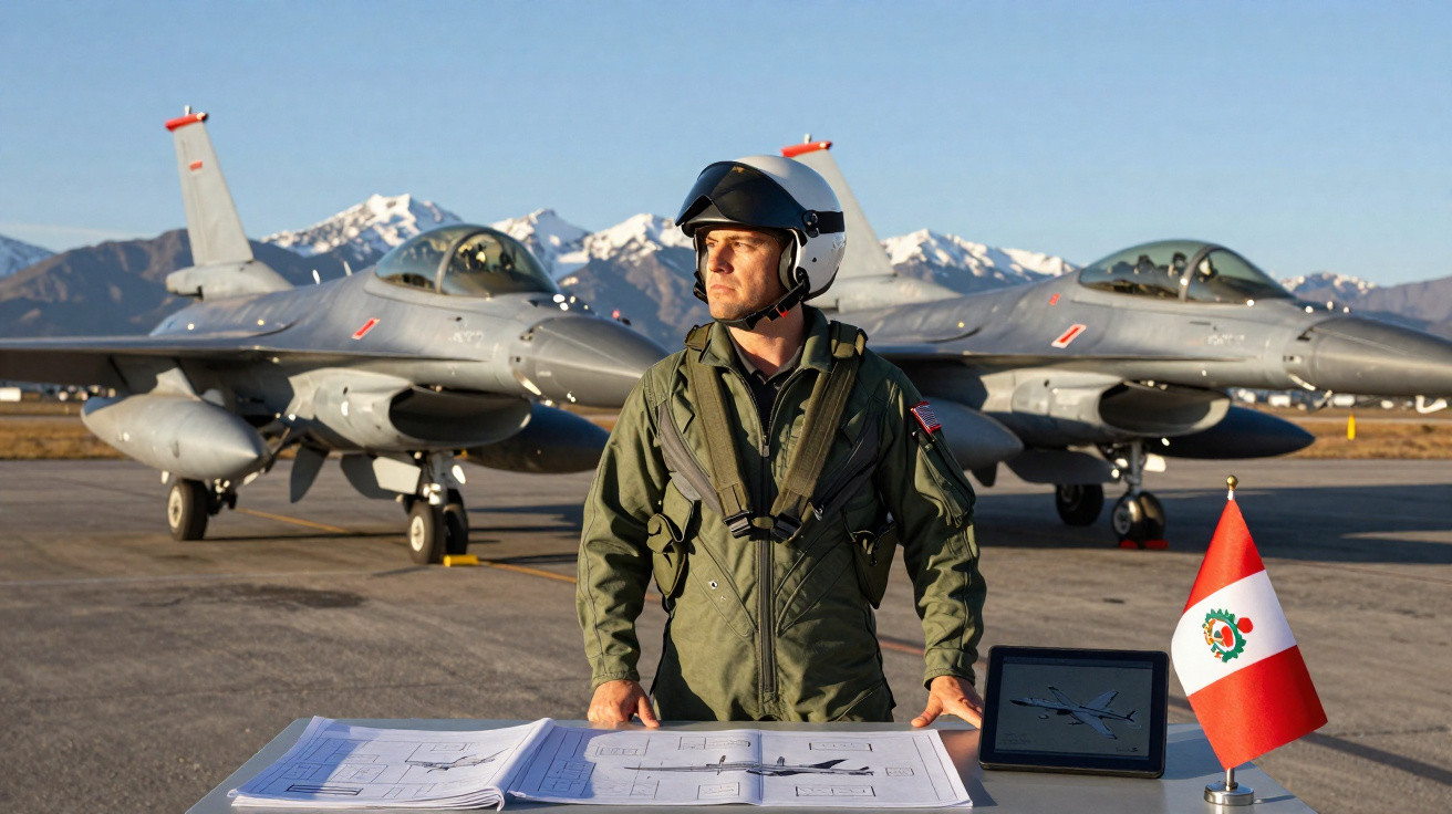 Piloto militar com capacete ao lado de mesa com plantas e bandeira do Peru, com dois jatos de combate ao fundo e montanhas.