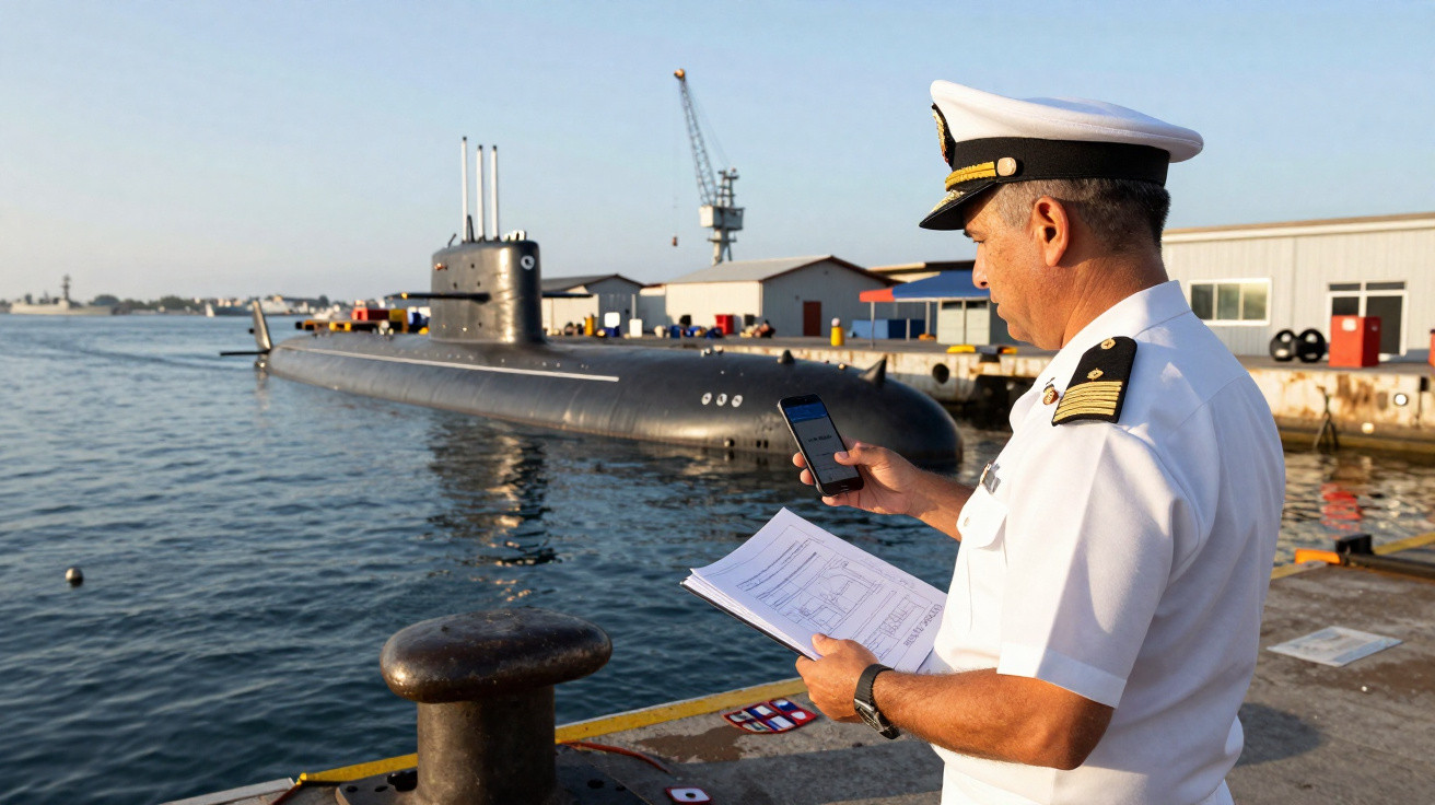 Oficial naval com uniforme branco revisa documentos e celular no cais com submarino ancorado ao fundo.