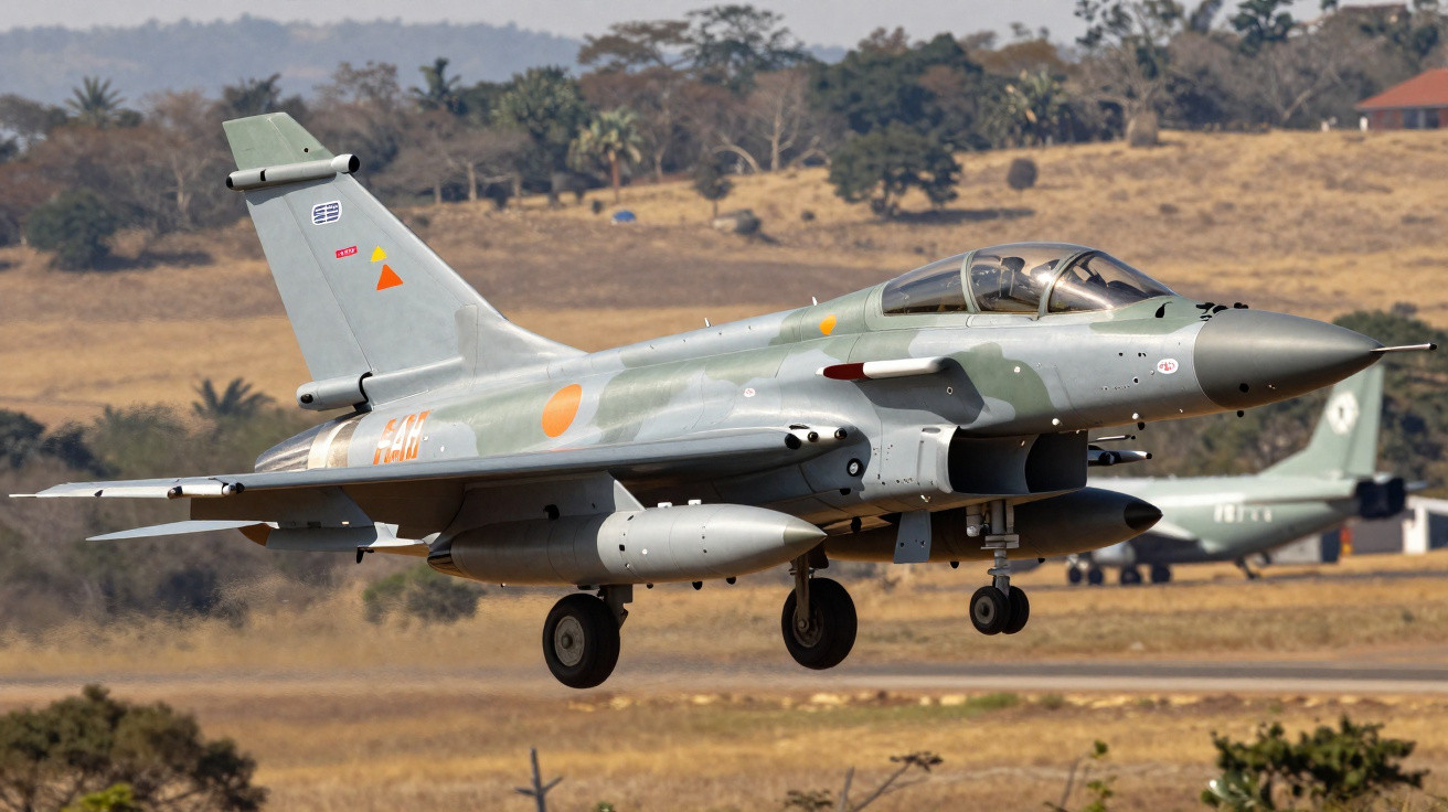 Avião de caça militar camuflado em voo baixo próximo ao solo com cenário de campo e árvores ao fundo.
