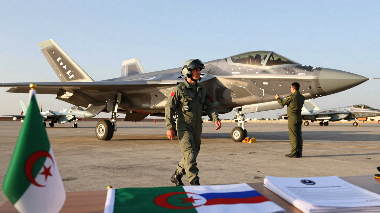 Pilotos militares ao lado de avião de caça F-35 estacionado em pista de aeroporto ao ar livre.