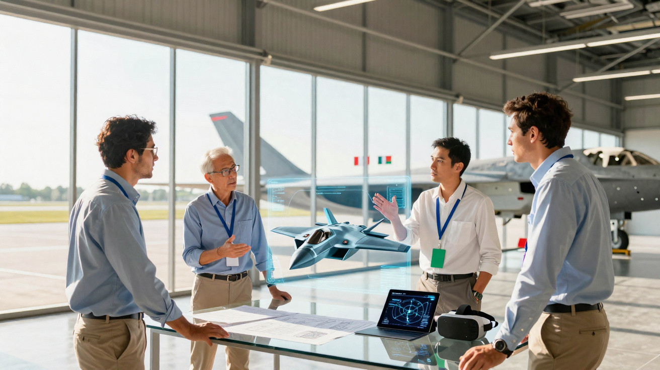 Quatro engenheiros discutem projeto de avião futurista exibido em holograma dentro de hangar.