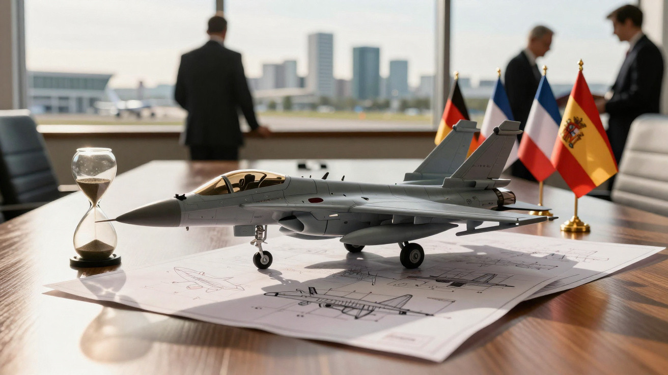 Modelo de avião militar sobre desenhos técnicos em mesa de reunião com ampulheta e três bandeiras, homens ao fundo.