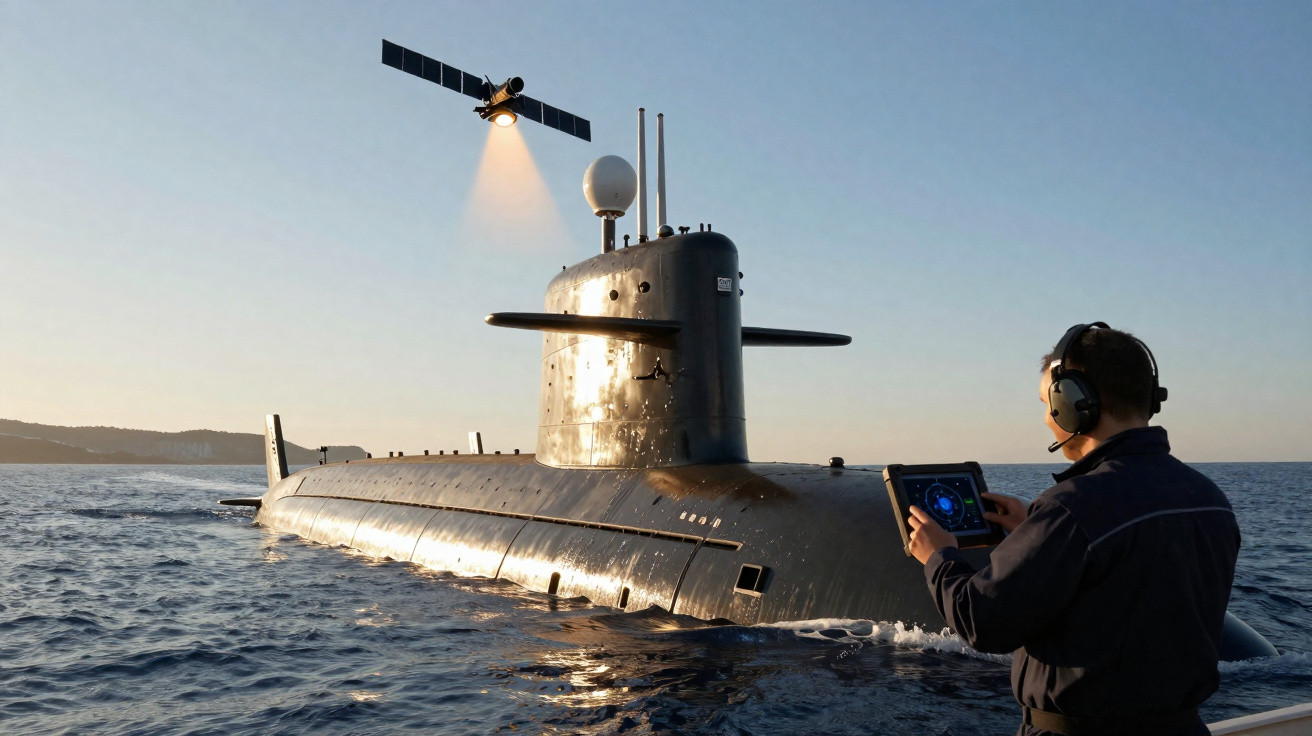 Homem controla submarino na água enquanto satélite transmite sinal ao pôr do sol.