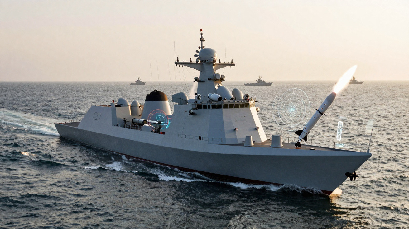 Navio de guerra militar moderno lançando míssil no mar durante o dia com outros navios ao fundo.
