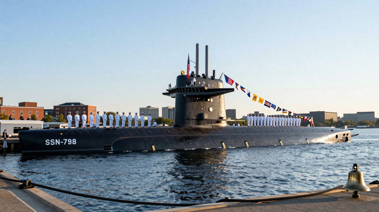 Submarino militar SSN-798 atracado com tripulação uniformizada em pé na borda.