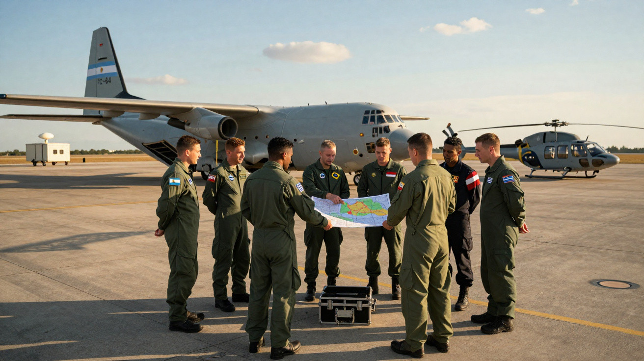 Militares em uniforme verde escoltam mapa ao ar livre com avião e helicóptero em pista de aeródromo.