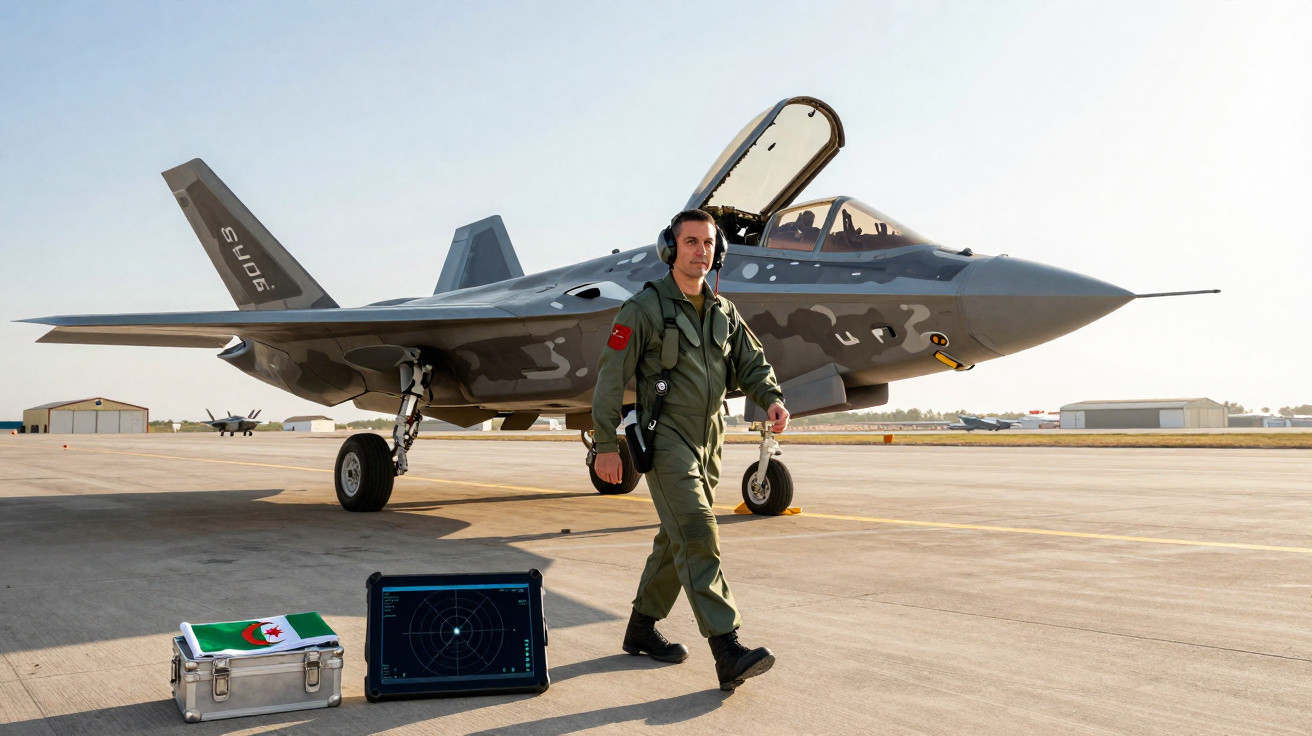 Piloto militar caminhando ao lado de caça F-35 com cabine aberta em pista de aeroporto militar.