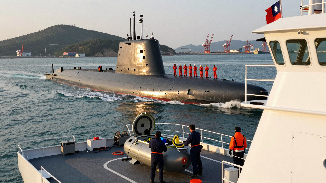 Submarino preto com tripulação em pé no convés navegando próximo a outro navio com três tripulantes.