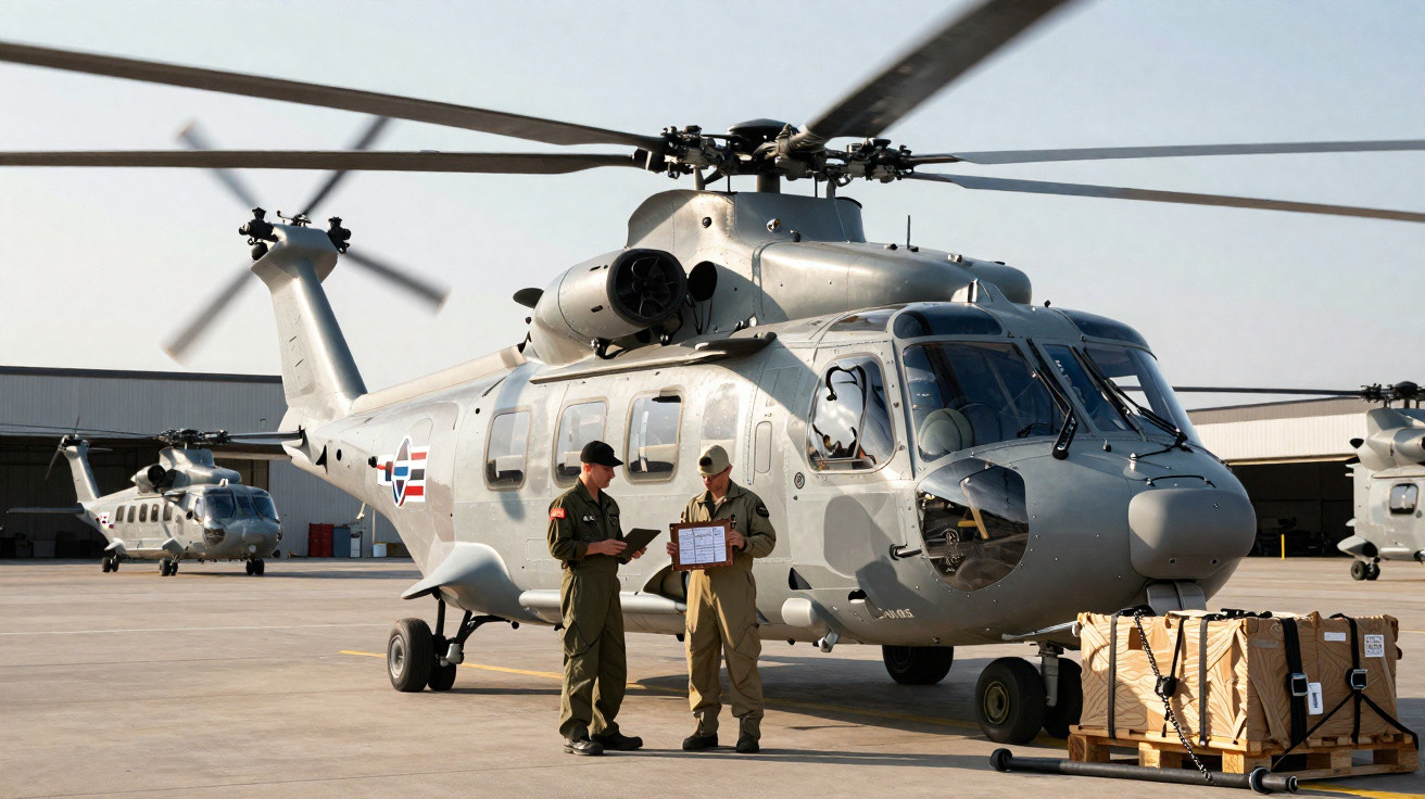Helicóptero militar cinza com dois soldados em uniforme conversando no pátio de base aérea.