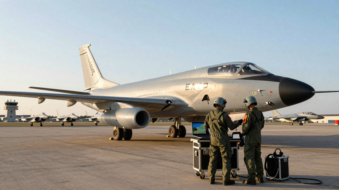 Avião militar estacionado com dois pilotos de farda conversando ao lado em aeroporto ao entardecer.