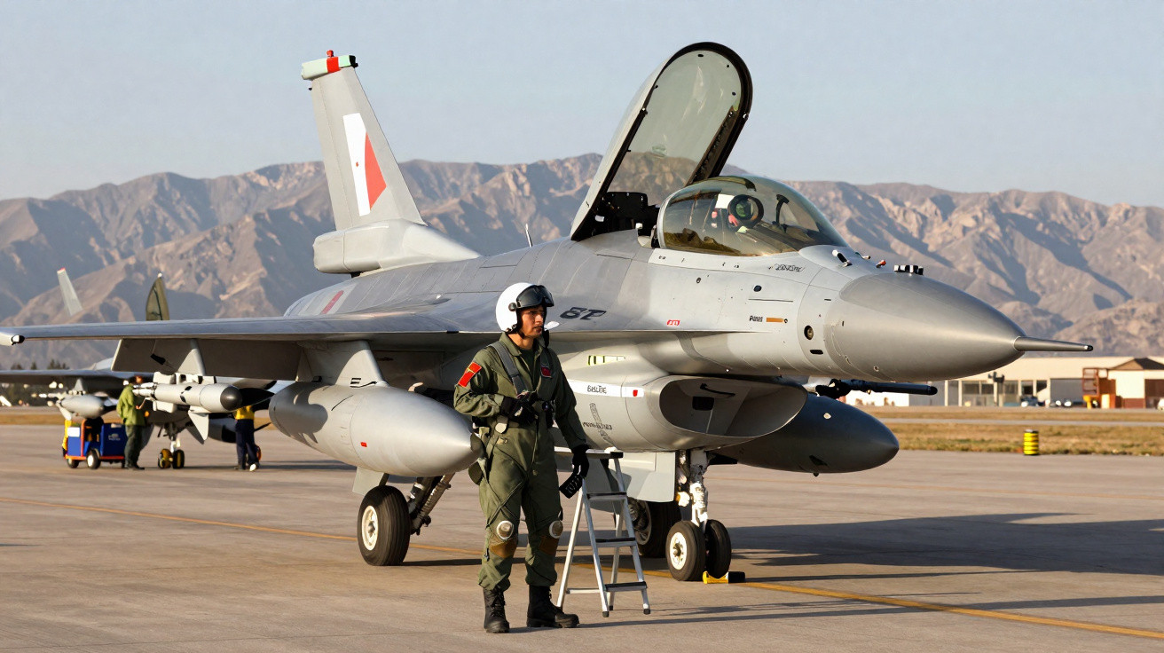 Caça militar cinza com piloto em uniforme verde próximo, com montanhas ao fundo e dia ensolarado.
