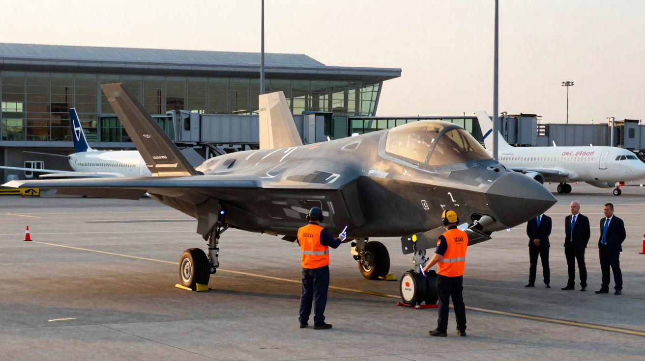 Avião militar furtivo estacionado no aeroporto com dois técnicos e três pessoas em terno observando.