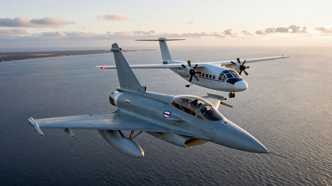Dois aviões, um jato militar cinza e um turboélice branco, voando sobre o mar ao pôr do sol.