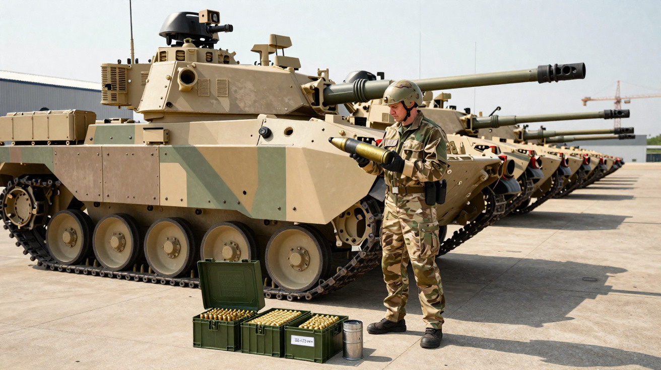 Soldado em uniforme camuflado inspeciona munição próxima a tanques militares alinhados em pátio aberto.