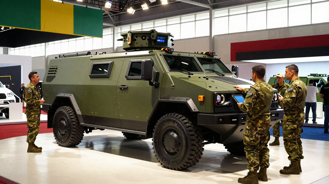 Veículo blindado militar verde com soldados em uniforme camuflado em exposição interna.