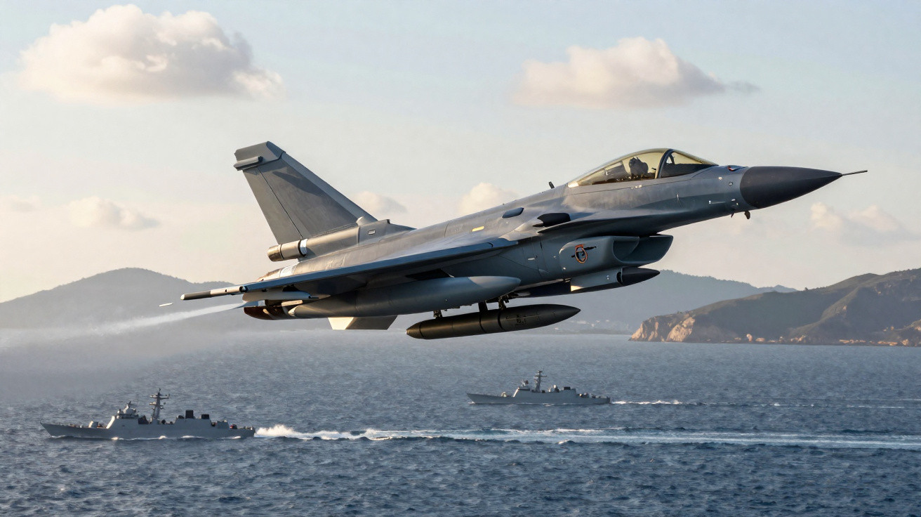 Caça militar cinza voando sobre mar com dois navios de guerra e montanhas ao fundo.