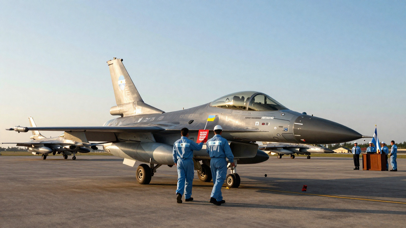 Caça F-16 da Força Aérea da Argentina estacionado em pista, com militares em uniforme azul ao redor.