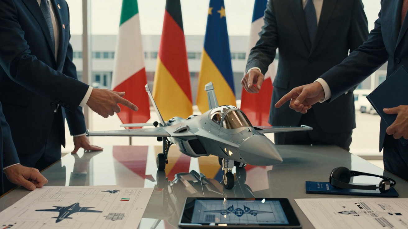 Homens em terno discutem modelo de avião militar sobre mesa com plantas e tablet, bandeiras ao fundo.