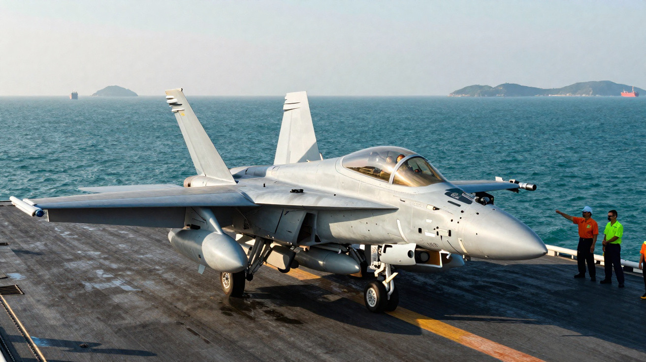 Caça militar estacionado no convés de um porta-aviões no mar com três tripulantes ao fundo.