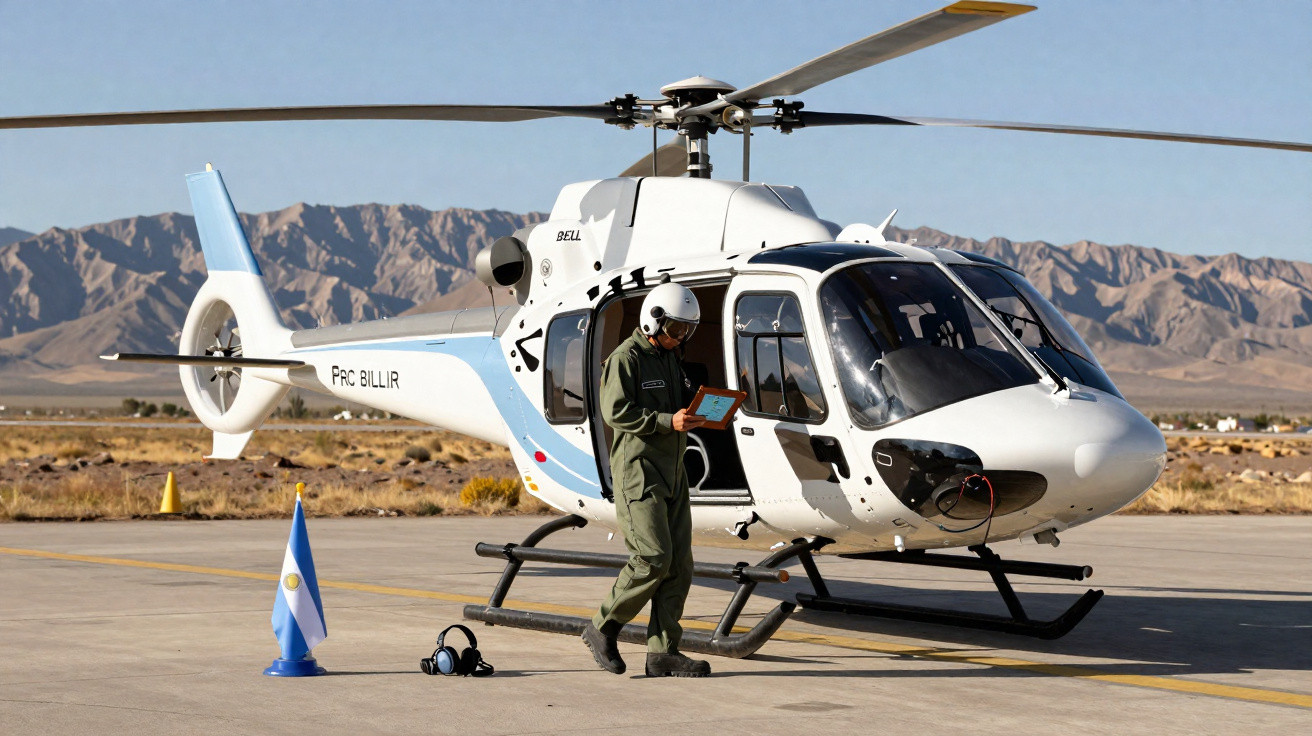 Helicóptero branco com azul estacionado em pista com militar ao lado segurando tablet, montanhas ao fundo.