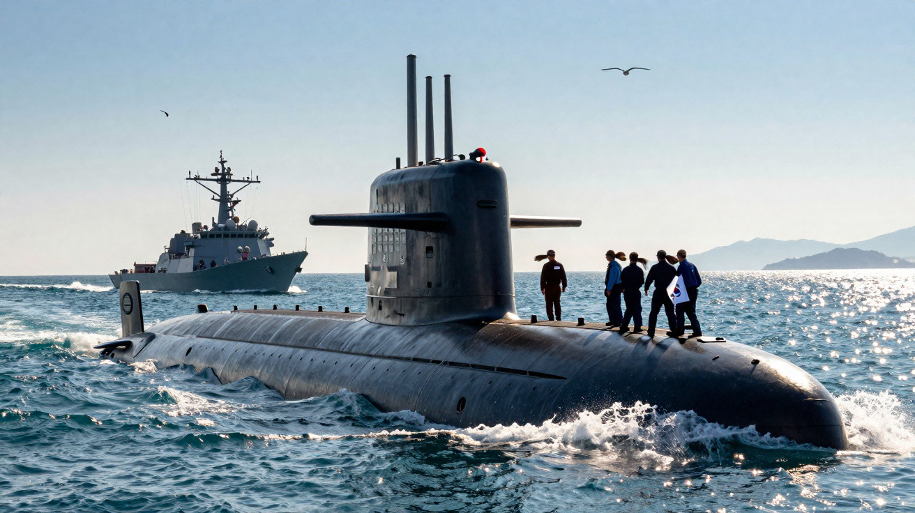 Submarino militar à superfície com tripulação e navio de guerra ao fundo em mar calmo.