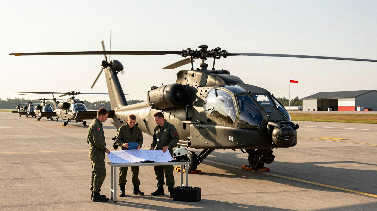 Três militares consultam mapas ao lado de helicóptero Apache em base aérea com outros helicópteros alinhados.