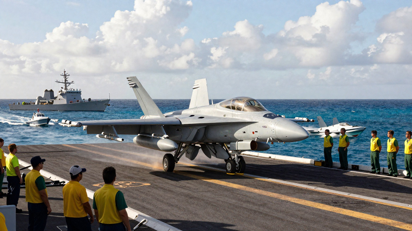 Caça militar F/A-18 em pouso no convés de porta-aviões com equipe trabalhando ao redor no oceano.