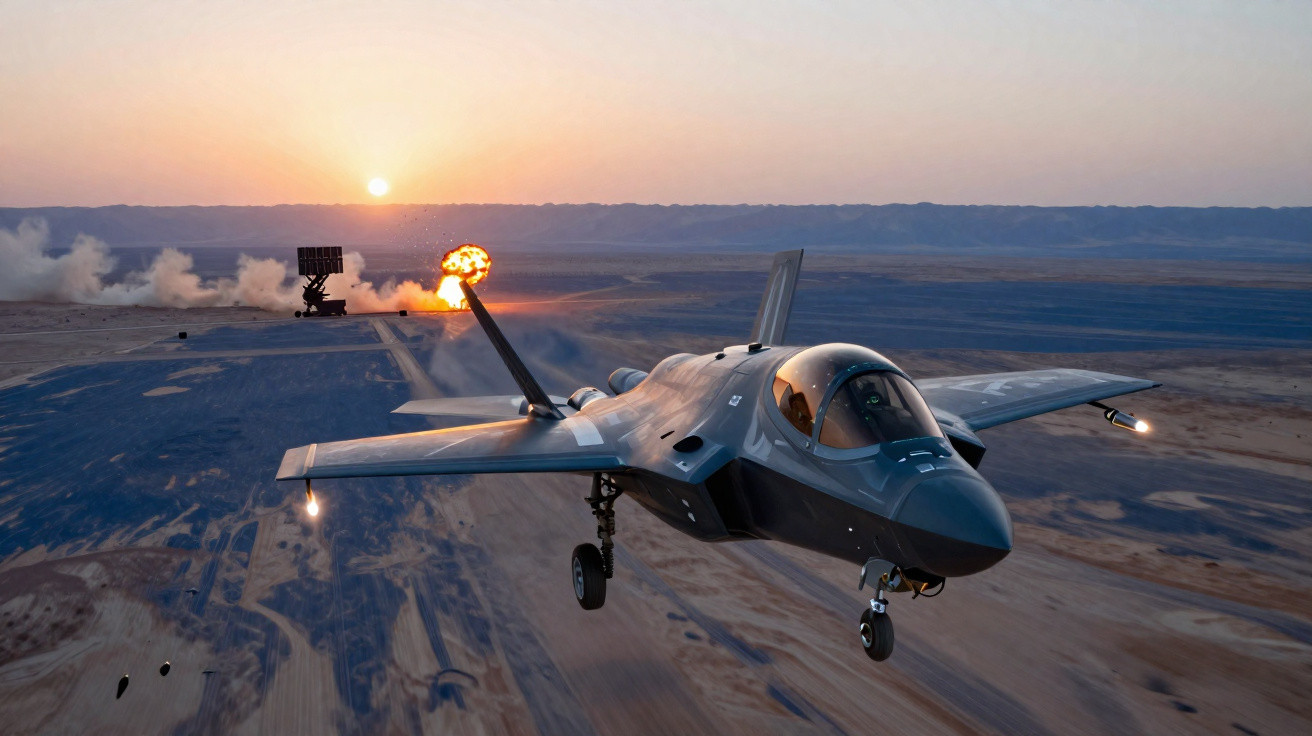 Caça stealth moderno disparando foguete em campo deserto ao pôr do sol.